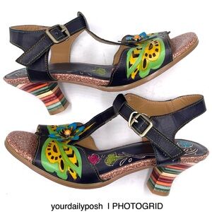 Soffia floral multicolor leather Estella t-strap sandal heels pumps EU 39